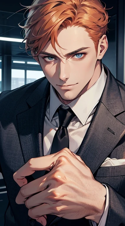 (best quality,4k,8k,highres,masterpiece:1.2),ultra-detailed,(realistic,photorealistic,photo-realistic:1.37),1 man,31 years old,mature man,very handsome,without expression,smile,short grey b
Orange hair,blue eyes,penetrating gaze,perfect face without errors,imposing posture,businessman,office background,cinematic lighting,hdr image