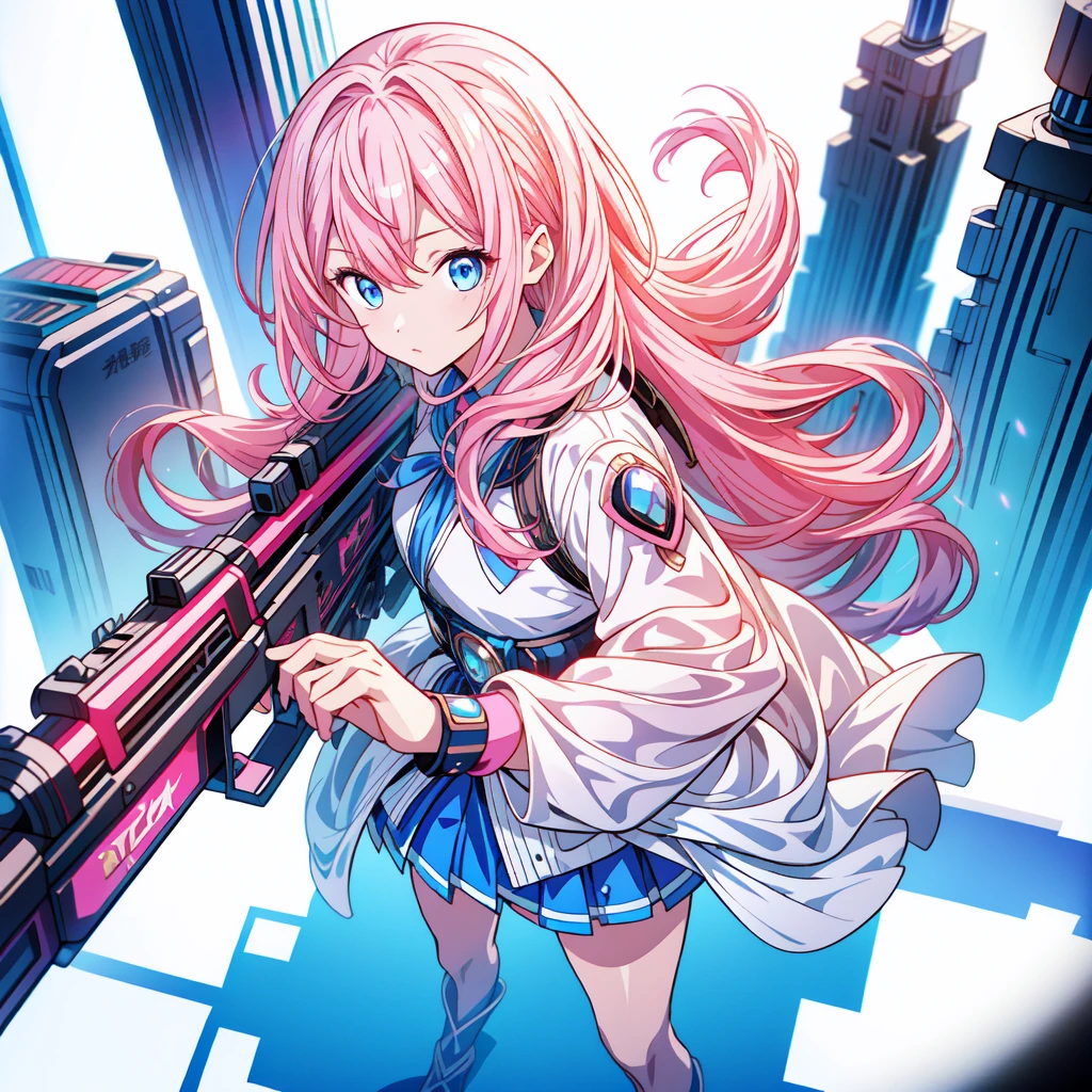 One girl、[17277fbe68],He threatened Hideo.、high quality、Maximum details、(((最high quality、masterpiece、Official Art、Best dynamic composition)))、(Thin Hair)、(Tabletop, 最high quality), Very detailed, Anime Style, whole body, Cyberpunk Girl, Gripping a high-tech rifle, Milky white and pink hair, Sparkling blue eyes, Wearing a magical girl costume , 8K high resolution, Trend Art Station, White Background, Standing in the Wilderness, whole body,