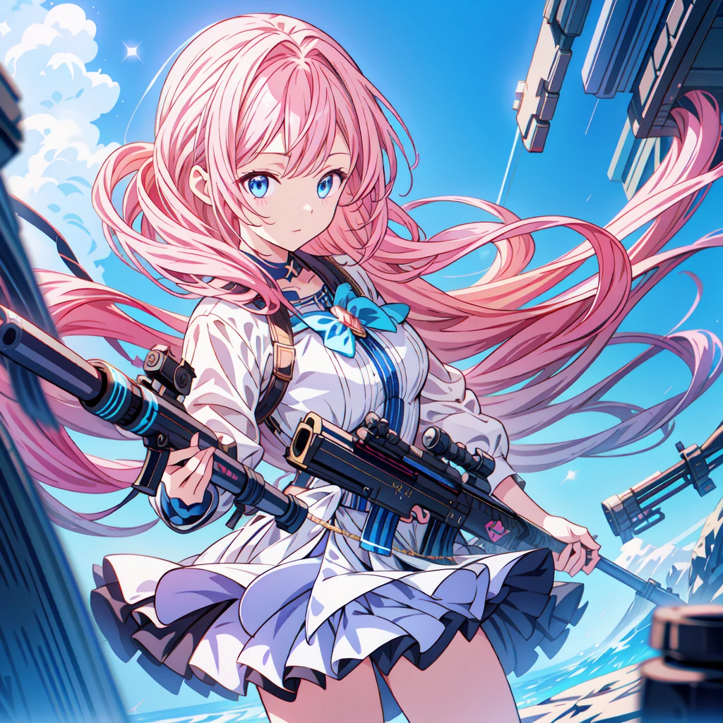 One girl、[17277fbe68],He threatened Hideo.、high quality、Maximum details、(((最high quality、masterpiece、Official Art、Best dynamic composition)))、(Thin Hair)、(Tabletop, 最high quality), Very detailed, Anime Style, whole body, Cyberpunk Girl, Gripping a high-tech rifle, Milky white and pink hair, Sparkling blue eyes, Wearing a magical girl costume , 8K high resolution, Trend Art Station, White Background, Standing in the Wilderness, whole body,