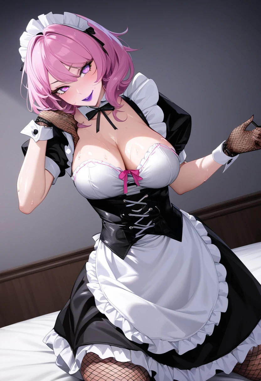 folded legs, maid, pink hair, short hair, large breasts, frill, black pantyhose, (slender:1.3), gleaming skin, (embarrassed:1.3), smile, heart-shaped eyes, (nippless out:1.3),spread legs, (after sex:1.3), drooling, open mouth,