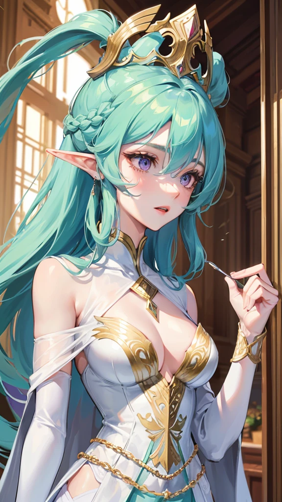 Photograph of the upper body of a beautiful woman, (nomal breasts, perfect body), Sharp focus, (proportional body , mature woman), ((Looking ahead)), (Highly detailed skin, hair follicles:1.4,),
( long hairstyles) (Green hair), (purple eyes) , angels , elf ears, fantasy (wear white cape), (white cloth), warriors , elegant, luxury, long skirts , gorgeous
wear accessories , wear crowns , loyalty