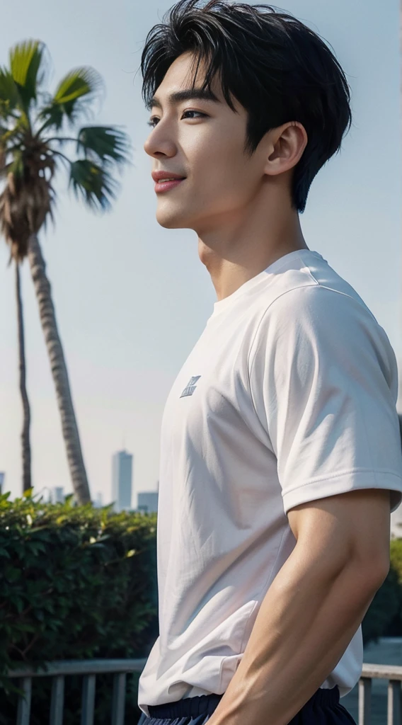 (As a matter of fact, Masterpiece, 8k HD, good light quality, sportswear, fit the face, complicated details), A handsome, muscular young Korean man. ,Broad shoulders, 20 years old, be happy, smile brightly, detailed face, delicate eyes, มองดูsky, Wear a navy tight T-shirt.:1.6, period, black eyes, Black hair color, ผมsmooth, smooth, outdoor sports, Along the garden, Sunny,sky,Surreal,Awesome details,Highest quality,real,Open your mouth to talk.