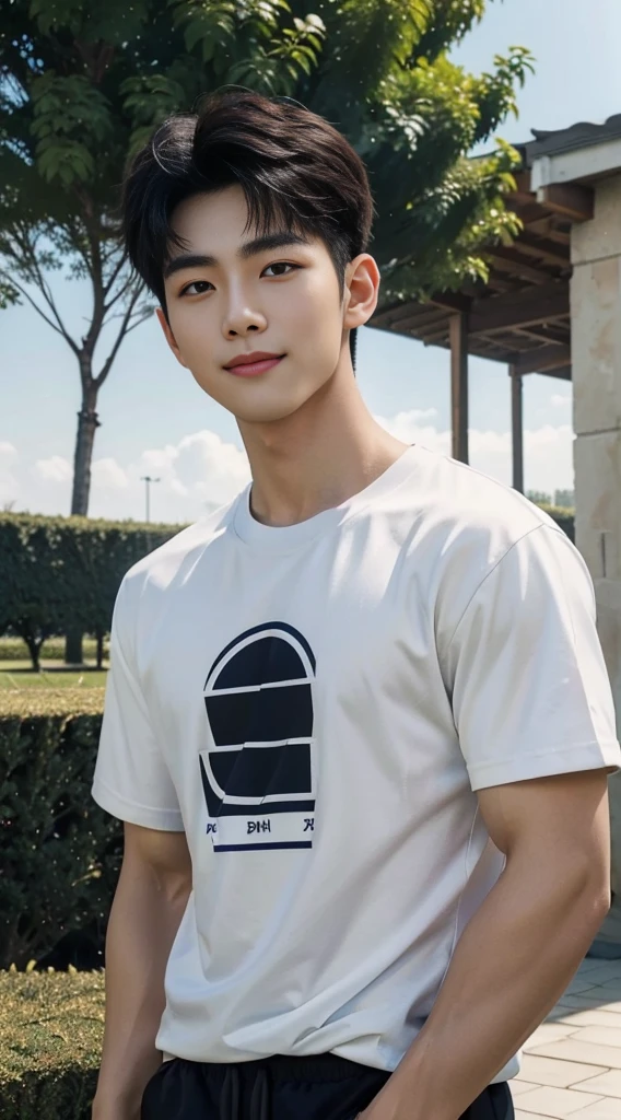 (As a matter of fact, Masterpiece, 8k HD, good light quality, sportswear, fit the face, complicated details), A handsome, muscular young Korean man. ,Broad shoulders, 20 years old, be happy, smile brightly, detailed face, delicate eyes, มองดูsky, Wear a navy tight T-shirt.:1.6, period, black eyes, Black hair color, ผมsmooth, smooth, outdoor sports, Along the garden, Sunny,sky,Surreal,Awesome details,Highest quality,real,Open your mouth to talk.