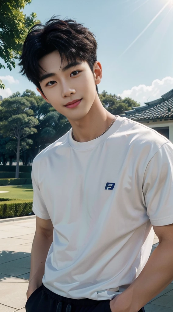 (As a matter of fact, Masterpiece, 8k HD, good light quality, sportswear, fit the face, complicated details), A handsome, muscular young Korean man. ,Broad shoulders, 20 years old, be happy, smile brightly, detailed face, delicate eyes, มองดูsky, Wear a navy tight T-shirt.:1.6, period, black eyes, Black hair color, ผมsmooth, smooth, outdoor sports, Along the garden, Sunny,sky,Surreal,Awesome details,Highest quality,real,Open your mouth to talk.