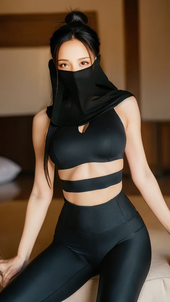 （lifelike， high - resolution：1.3），full body , 1 girl with a perfect body， Super fine face and eyes，long hair， ninja midriff of black colors：1.2， black shiny ninja leggings，face veil,   big boob，Expose cleavage, ninja pose.