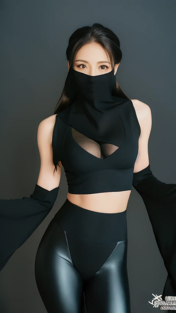 （lifelike， high - resolution：1.3），full body , 1 girl with a perfect body， Super fine face and eyes，long hair， ninja midriff of black colors：1.2， black shiny ninja leggings，face veil,   big boob，Expose cleavage, ninja pose.