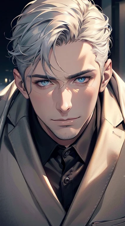 (best quality,4k,8k,highres,masterpiece:1.2),ultra-detailed,(realistic,photorealistic,photo-realistic:1.37),1 man,31 years old,mature man,very handsome,without expression,smile,short white hair,blue eyes,penetrating gaze,perfect face without errors,imposing posture,businessman,office background,cinematic lighting,hdr image