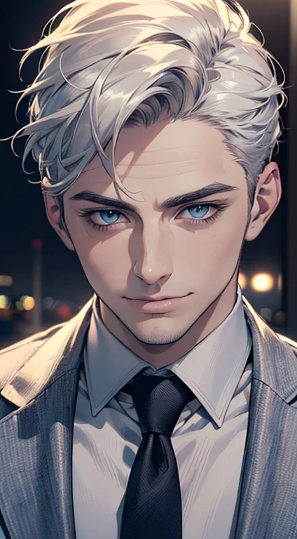 (best quality,4k,8k,highres,masterpiece:1.2),ultra-detailed,(realistic,photorealistic,photo-realistic:1.37),1 man,31 years old,mature man,very handsome,without expression,smile,short white hair,blue eyes,penetrating gaze,perfect face without errors,imposing posture,businessman,office background,cinematic lighting,hdr image