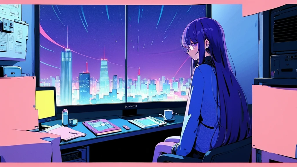 (from behind), Anime girl sitting in front of a computer in a cozy bedroom, Girl listening to music while studying in a cozy room (night), Using headphones, on the roof, (beautiful night views from windows), lots of things, 2D anime style, The aesthetics of anime in the 90s, lo-fi, long hair, very detailed, Hard disk, A mix of anime style and Fujifilm, surreal, 8K, masterpiece, violet eyes,black gloves, round glasses, long sleeves,violet hair, round glasses, Flat Chest, smile, pantyhose