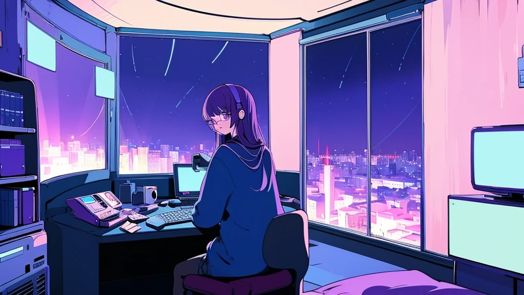 (from behind), Anime girl sitting in front of a computer in a cozy bedroom, Girl listening to music while studying in a cozy room (night), Using headphones, on the roof, (beautiful night views from windows), lots of things, 2D anime style, The aesthetics of anime in the 90s, lo-fi, long hair, very detailed, Hard disk, A mix of anime style and Fujifilm, surreal, 8K, masterpiece, violet eyes,black gloves, round glasses, long sleeves,violet hair, round glasses, Flat Chest, smile, pantyhose