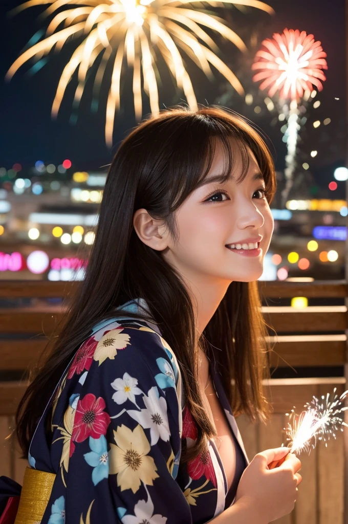 (1 Girl )、(Beautiful Japanese、18years old,round face、Refreshing、clear、seems kind、stylish、Pitiful、cute like an angel、cute、black eyes、(Single eyelid:1.3)、Beautiful skin), {(Japan human face:1.5),(General facial features)} , (((Beautiful breasts:0.4))),(((soft breasts))),(long hair),(enchanting eyes),(highlight on eyes:1.2)、(8K、Live shooting、highest quality、masterpiece:1.2、optimal lighting)、((masterpiece)),(Photo taken by a professional photographer),(real、photo real:1.4),BREAK,{(Japanese Yukata),(kimono),(Floral)},(cheeks are red:1.3), BREAK, Looking up at the sky、Happy face,smile、buzzer、(((1970s vibe)))、night,fire works,profile、,(((firework)))、night,night空にきれいなfirework,squattinng,smile:1.4