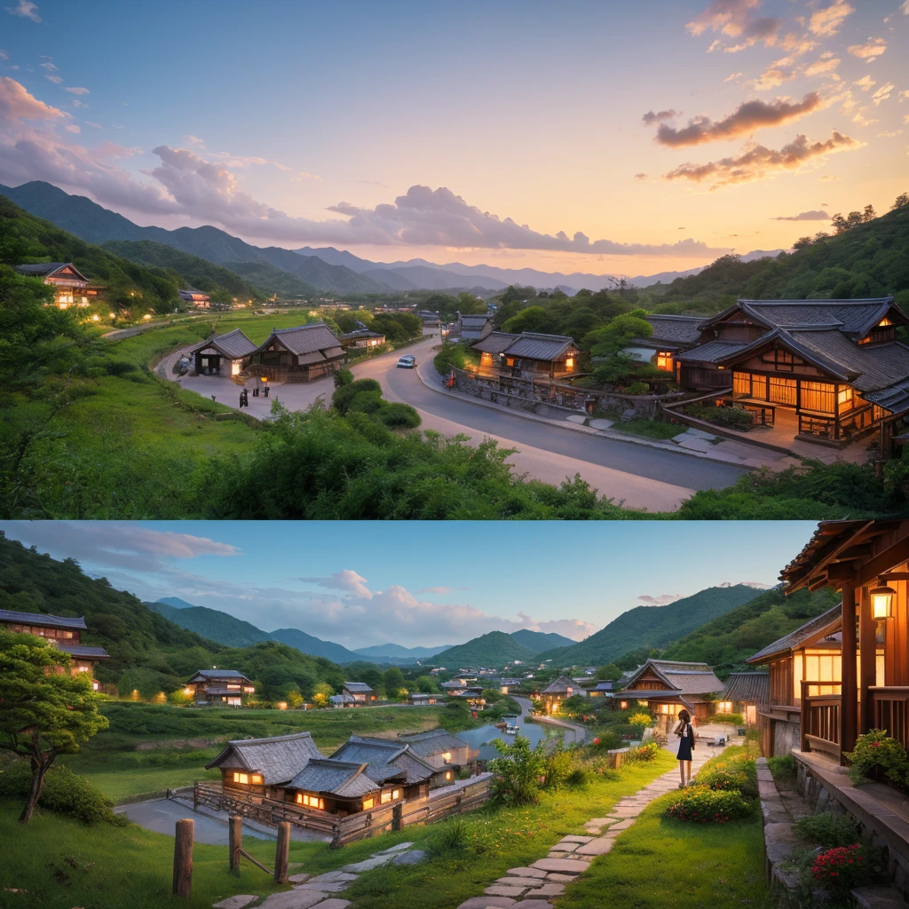 Landscape painting、Japanese village scenery、Photo Style、evening、Cute girl standing、evening、sunset、