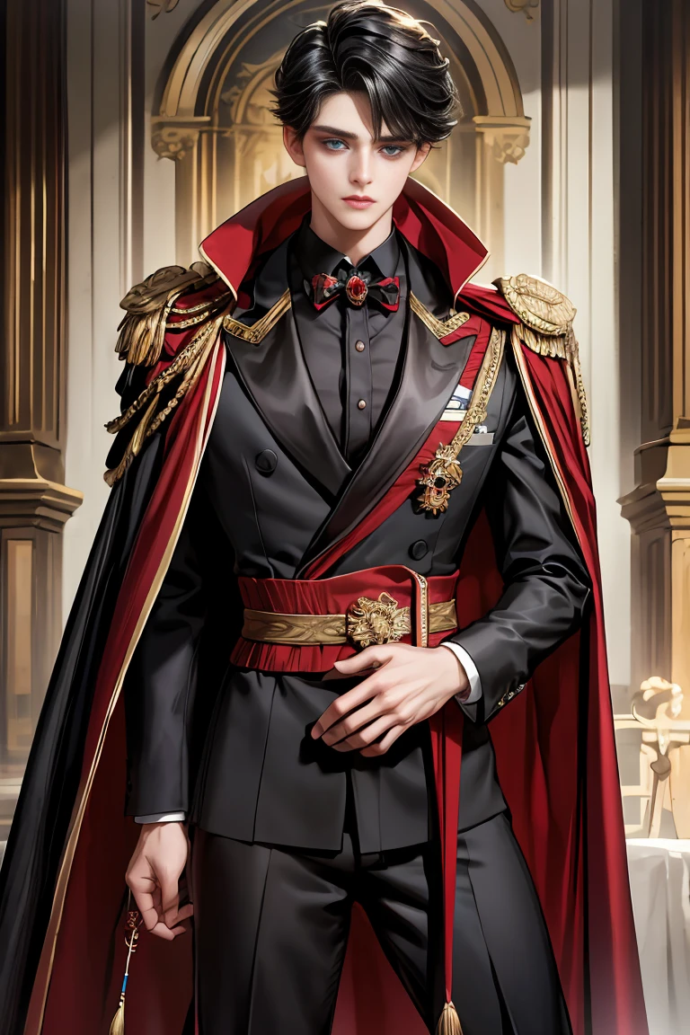 masterpiece, 最high quality, high quality, 1 boy, alone, Male focus, Watching the audience, Messy black hair, Adorable big blue eyes, White people, Noble, Noble,Sexy voluminous black and red cape、Tuxedo、A very voluminous, large, very large, very large, long, long red and black cape with a high stand-up collar, reaching down to the floor, made of a lot of fabric., ,Cute beautiful boys,Cute, cute, kind, handsome guy