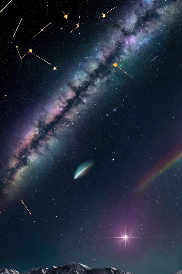 The world we see、Iridescent幻想的なNight Sky、constellation, Iridescentconstellation、Iridescent空包み込まれそうな瞬間，When the stars shine in rainbow colors、Astronomical observation、Planetarium、Meteors、colorful，美しいconstellation、Three-dimensional，wonderful景色，Night Sky，An atmosphere full of dreams and hope，masterpiece．16K, Ultra-high resolution, to be born,wonderful ,future、Iridescent、The world 30 years from now。