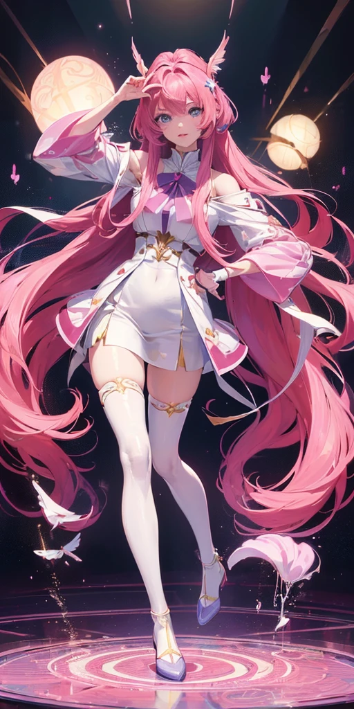 ((64k,Ultra-high resolution,Super best quality,masterpiece,Hyperrealistic,Young and adorable, beautiful, young, adorable,young woman,Full body photo,Full body angle,Blue Eyes全身エズビアン,Surreal,Very detailed:1.3,Ultra-realistic:3.0)),Heroine of Mobile Suit Gundam SEED,Lacus Clyne,Pink Hair,hair ornaments,Blue Eyes,