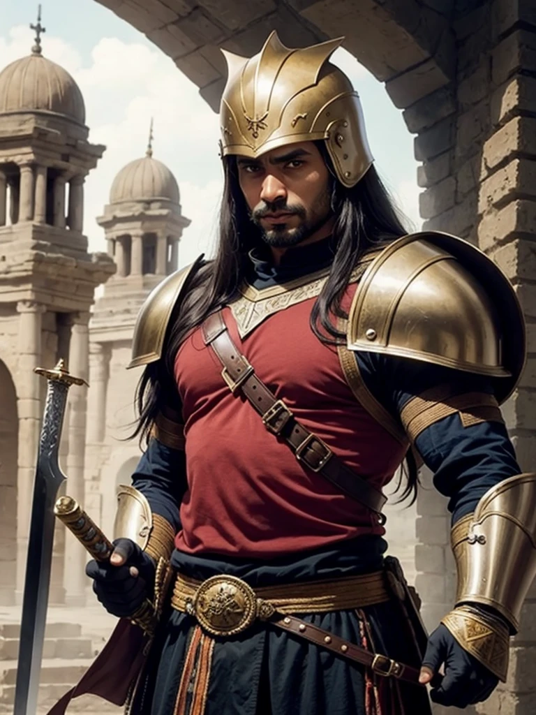 A brown man, long hair, ancient Numidian warrior, wearing a helmet and armor, he holds his sword. We only see his upper body