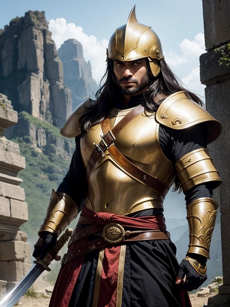 A brown man, long hair, ancient Numidian warrior, wearing a helmet and armor, he holds his sword. We only see his upper body