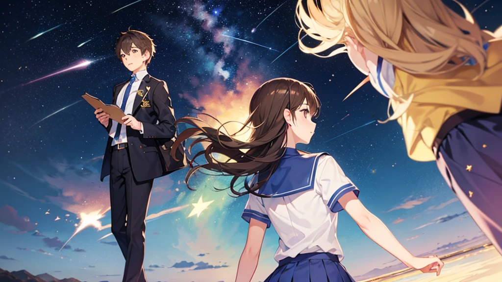 shooting star、One woman、high school student、Brown Hair、Back view、uniform、night