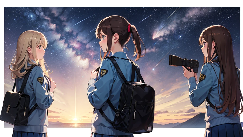 shooting star、One woman、high school student、Brown Hair、Back view、uniform、night