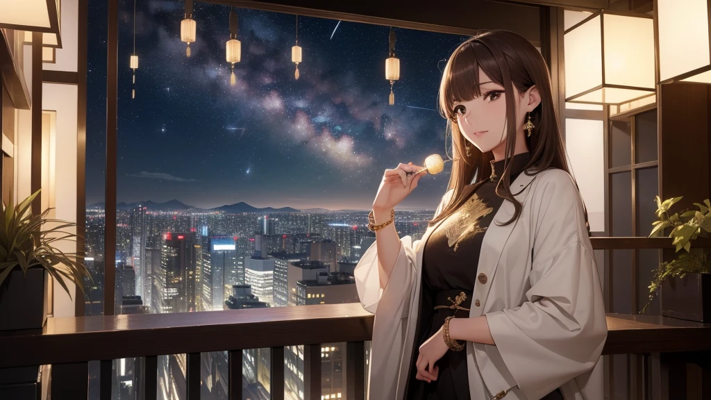 (Very detailed,High resolution,masterpiece:1.2)Night view from the balcony or terrace of a high-rise apartment building in Japan, Starry Sky、milky way、Tanabata bamboo decorations: Focus on a woman with a calm expression. Light brown hair. She is wearing a jacket over a long-sleeved top.、Earring Accessories, bracelet, clock. .(Highest quality:1.2), Very detailed, High resolution, Tabletop:1,2, Vibrant colors, Bokeh, Professional Lighting, Physically Based Rendering, Flat Color:0.8, Fine 図, Realistic:1.37, Shinkai Makoto style, Your name style,long hair 、 Elegant update,(masterpiece: 1,2)、(masterpiece: 1,2)、High resolution、超High resolution、Highest quality、High resolution、