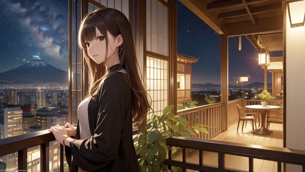 (Very detailed,High resolution,masterpiece:1.2）Night view from the balcony or terrace of a high-rise apartment building in Japan, Starry Sky、milky way、Tanabata bamboo decorations: Focus on a woman with a calm expression. Light brown hair. She is wearing a jacket over a long-sleeved top.、Earring Accessories, bracelet, clock. .(Highest quality:1.2), Very detailed, High resolution, Tabletop:1,2, Vibrant colors, Bokeh, Professional Lighting, Physically Based Rendering, Flat Color:0.8, Fine 図, Realistic:1.37, Shinkai Makoto style, Your name style,long hair 、 Elegant update,(masterpiece: 1,2)、(masterpiece: 1,2)、High resolution、超High resolution、Highest quality、High resolution、