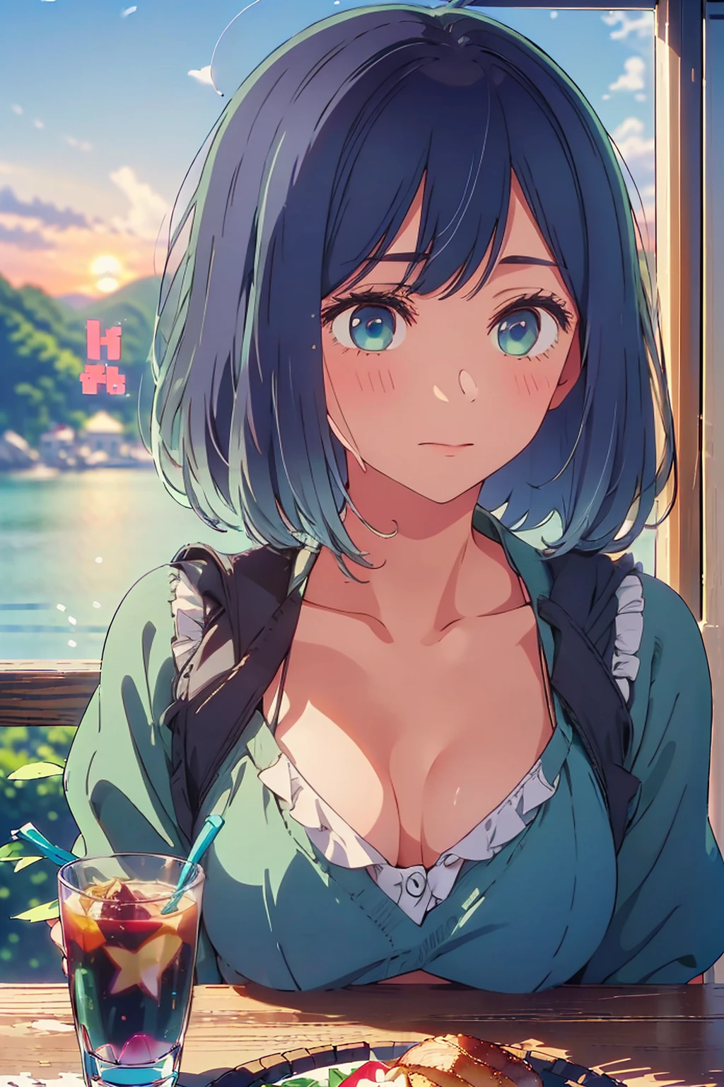 (Highest quality:1.4、masterpiece:1.4、Super detailed:1.4、8K:1.4)、F cup bust、Big Breasts、Slim body、((((1 person、sit、looking at the camera、Outdoor café terrace、coastal、Navy hair color、juice、table、東京の都会のcoastal、sunset、bikini、juiceのグラスを持つ、Very cute face))))、Big eyes、((((Shallow depth of field))))