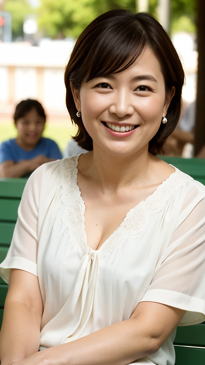 8k wallpaper, masterpiece, Highest quality, Super detailed, One Mature Woman, 50 years old, Become very clear, Wearing a short-sleeved blouse, Skin dents, Captivating smile, Looking at the audience, Cleavage, plump, Curvaceous, Fascinating face, Smiling with teeth showing, Wrinkles around the eyes, Sitting on a park bench, Background Blur