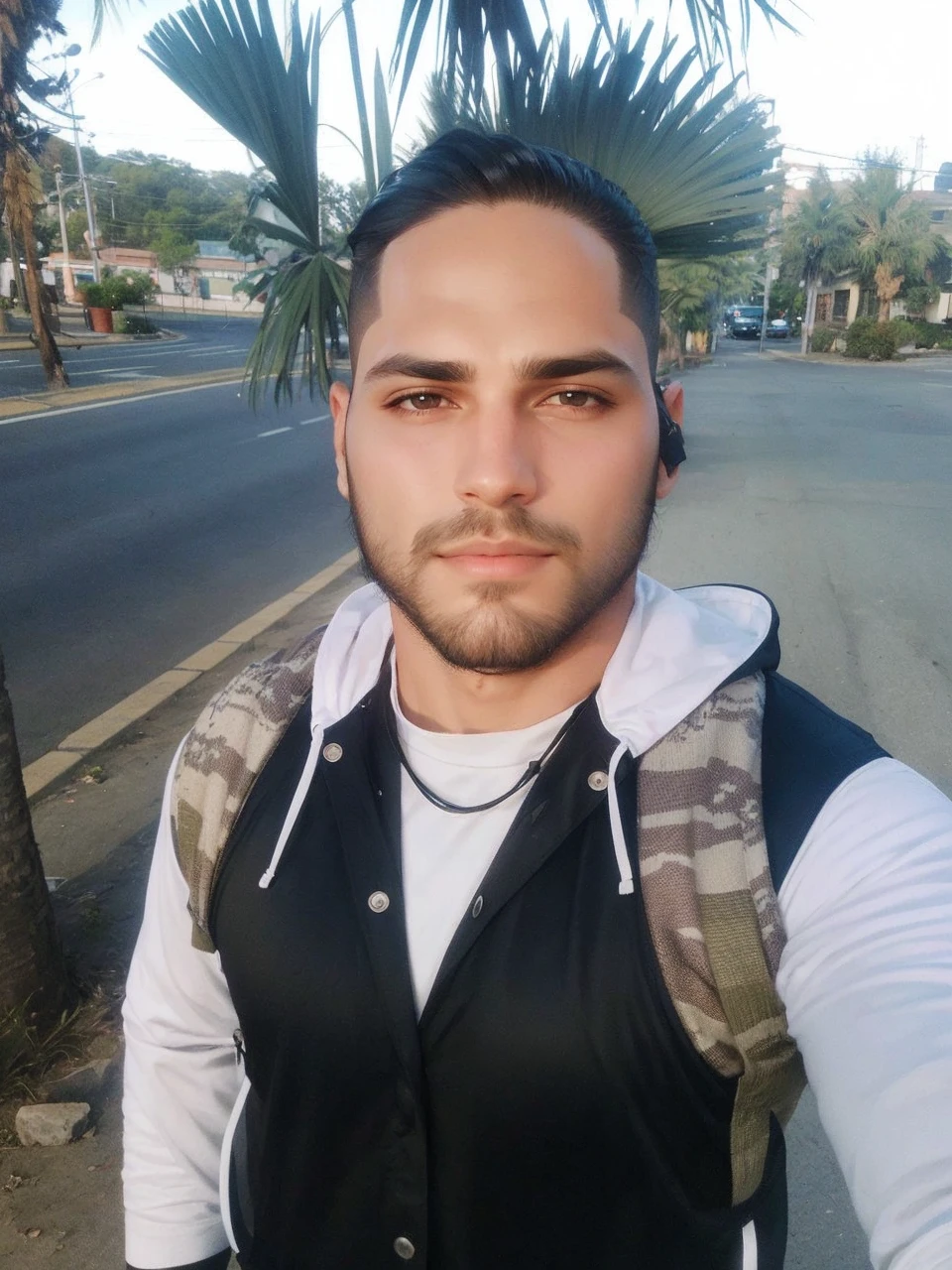 Straight, slanted dark hair, beard shadow enhance facial details