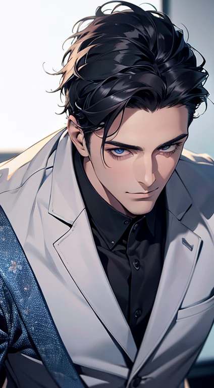 (best quality,4k,8k,highres,masterpiece:1.2),ultra-detailed,(realistic,photorealistic,photo-realistic:1.37),1 man,31 years old,mature man,very handsome,without expression,smile,short black blue hair,blue eyes,penetrating gaze,perfect face without errors,imposing posture,businessman,office background,cinematic lighting,hdr image