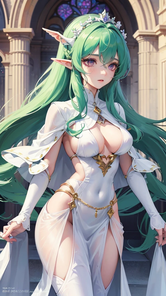 Photograph of the upper body of a beautiful woman, (nomal breasts, perfect body), Sharp focus, (proportional body , mature woman), ((Looking ahead)), (Highly detailed skin, hair follicles:1.4,),
( long hairstyles) (Green hair), (purple eyes) , angels  , elf ears, fantasy (wear white cape),  (white cloth), warriors , elegant, luxury, long skirts , gorgeous 
wear accessories , wear crowns , loyalty 