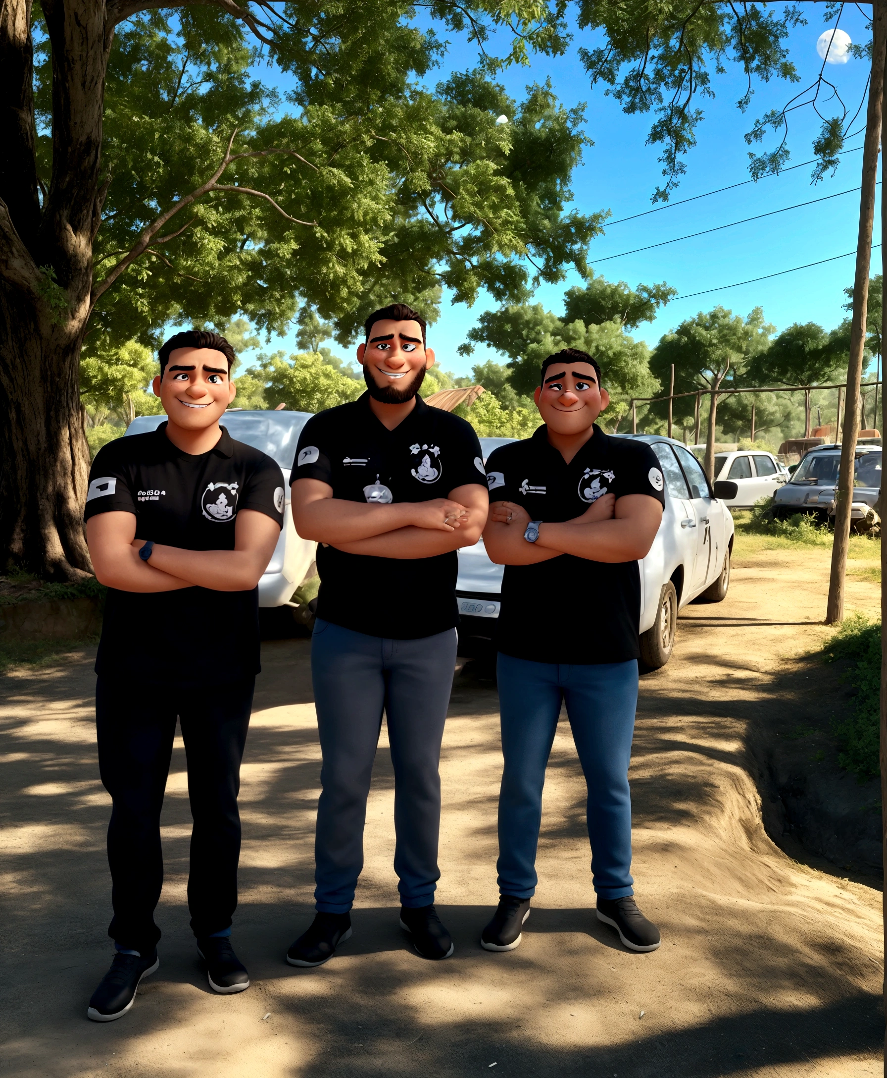 Left Character:
kor: approximately 25 years.
body hair: 小柄, hairstyle to the side.
muka: Young and friendly traits, com um leve sorriso.
outfit: Black t-shirt with logo on the left chest, black pants and dark sneakers.
stance: with arms crossed, displaying a confident posture.
Middle Character:
kor: approximately 30 years old.
body hair: 小柄, curly and slightly shaved on the sides.
Barba: complete, well cared.
muka: Soft and striking expressions, with a confident smile.
outfit: Black t-shirt with logo on the left chest, gray pants and black shoes.
stance: with arms crossed, displaying a confident posture e amigável.
Right Character:
kor: Approximately 28 years old, light brown.
body hair: 小柄, combed back.
muka: Defined features and a friendly smile.
outfit: Black t-shirt with logo on the left chest, blue jeans and dark sneakers.
stance: with arms crossed, com uma postura confiante.
Pixar-style:
visual style: Characters must be drawn with exaggerated features typical of Pixar, like big, expressive eyes, soft facial details and a cartoonish feel, but maintaining the similarity with the people in the image.
texture: texture de pele suave, with a slight bright hue.
colors: colors vibrantes e saturadas para a roupa, and natural tones for skin and hair.
enviroment:
fund: The background must be a stylized representation of the outdoor area with trees, cars and blue sky, but softened and colored in the Pixar style.