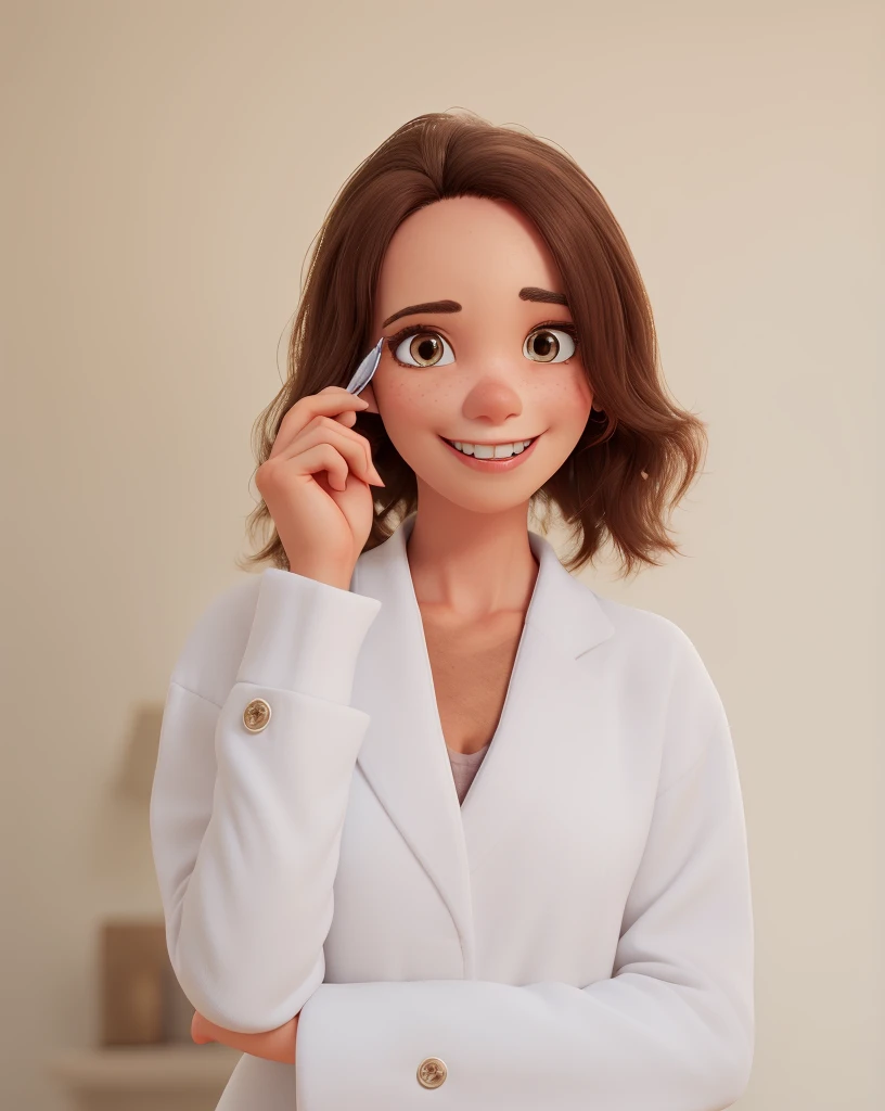 thin woman, 3d pixar style, short dark brown hair, slanted eyes, smiling, in a white coat, beauty professional, holds an eyebrow tweezer in her hands