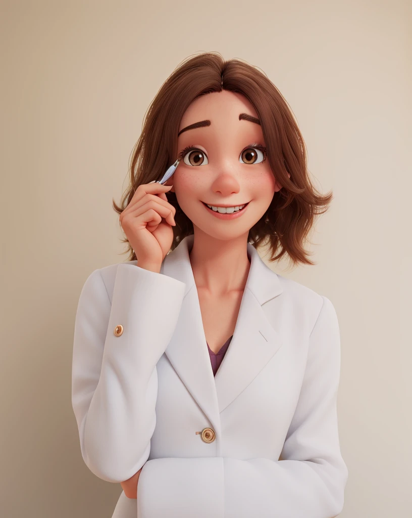 thin woman, 3d pixar style, short dark brown hair, slanted eyes, smiling, in a white coat, beauty professional, holds an eyebrow tweezer in her hands