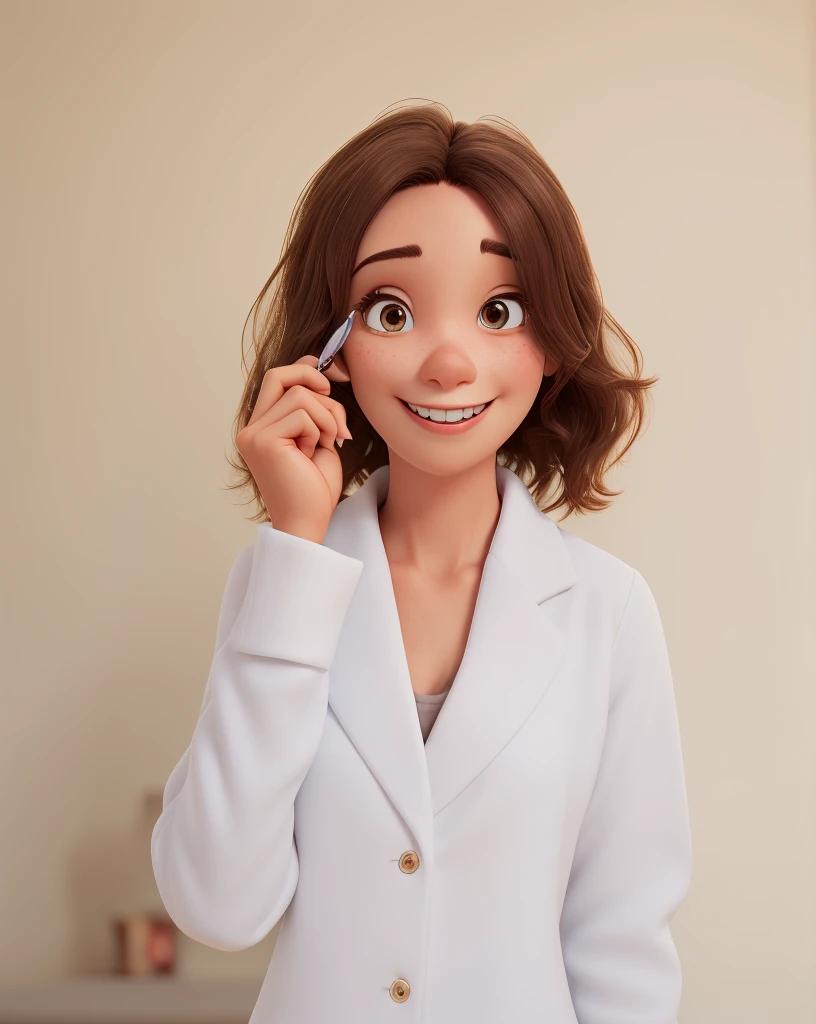 thin woman, 3d pixar style, short dark brown hair, slanted eyes, smiling, in a white coat, beauty professional, holds an eyebrow tweezer in her hands