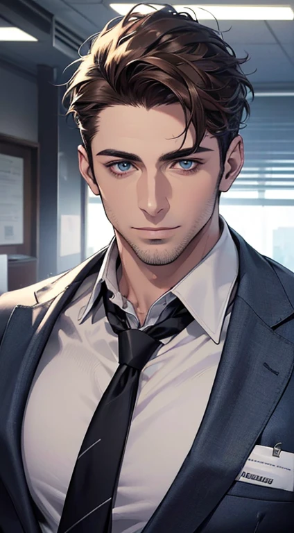 (best quality,4k,8k,highres,masterpiece:1.2),ultra-detailed,(realistic,photorealistic,photo-realistic:1.37),1 man,31 years old,mature man,very handsome,without expression,smile,short brown hair,blue eyes,penetrating gaze,perfect face without errors,imposing posture,businessman,office background,cinematic lighting,hdr image