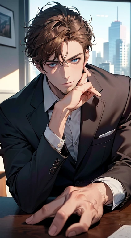 (best quality,4k,8k,highres,masterpiece:1.2),ultra-detailed,(realistic,photorealistic,photo-realistic:1.37),1 man,31 years old,mature man,very handsome,without expression,smile,short brown hair,blue eyes,penetrating gaze,perfect face without errors,imposing posture,businessman,office background,cinematic lighting,hdr image
