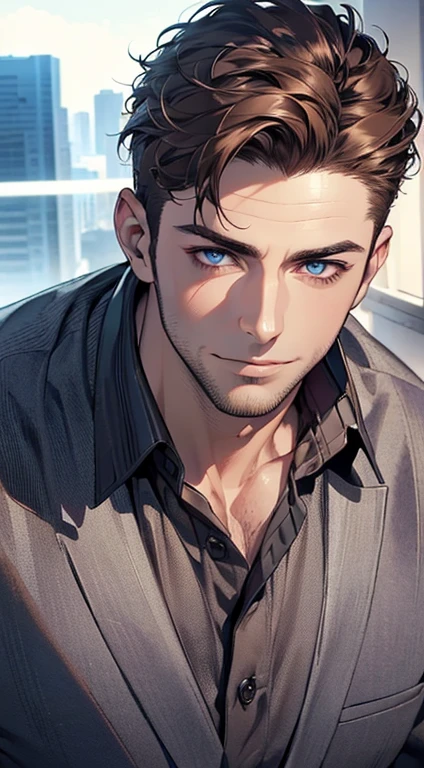 (best quality,4k,8k,highres,masterpiece:1.2),ultra-detailed,(realistic,photorealistic,photo-realistic:1.37),1 man,31 years old,mature man,very handsome,without expression,smile,short brown hair,blue eyes,penetrating gaze,perfect face without errors,imposing posture,businessman,office background,cinematic lighting,hdr image