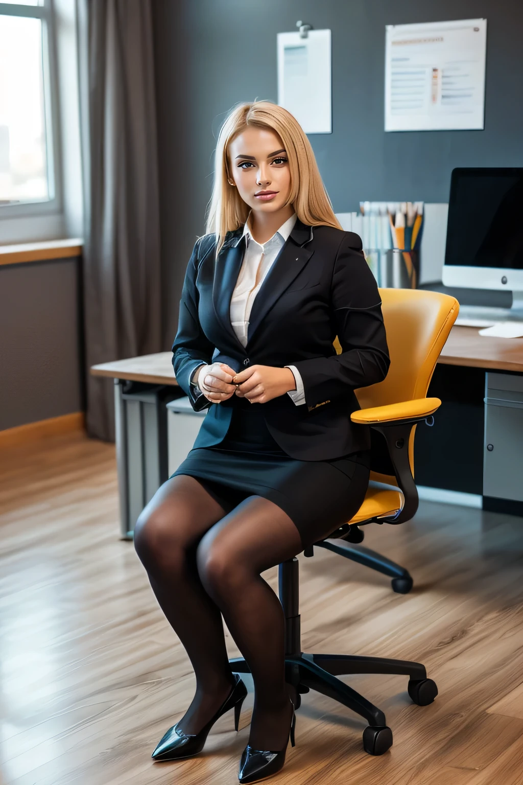 high quality,16K:1.1),((, Ukrainian woman sitting in an office chair, Blonde Hair,、((business suit、 Pencil Skirt)), tights, Curvy,(View your viewers:1.3),(Full Body Shot:1.2),(Background is Office 1.2),

