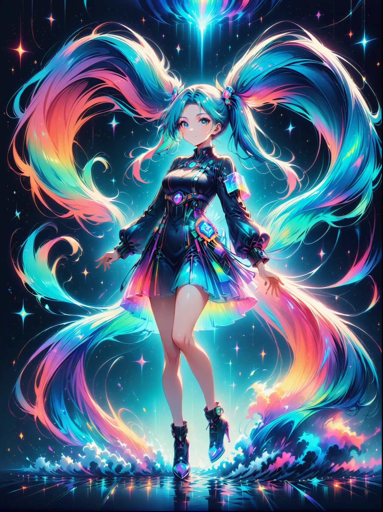 (A young woman with cyan hair in double ponytails:1.5)，Wearing a futuristic outfit，Consists of an electronic-themed dress，(She was wearing transparent high heels made of electronic elements.:1.3)，Her headband consists of a square-shaped emblem.，Hanging ribbons，The color palette includes cyan，black and white，The overall tone is colorful and vibrant，(Full body shot:1.5)，(Vision:1.5)