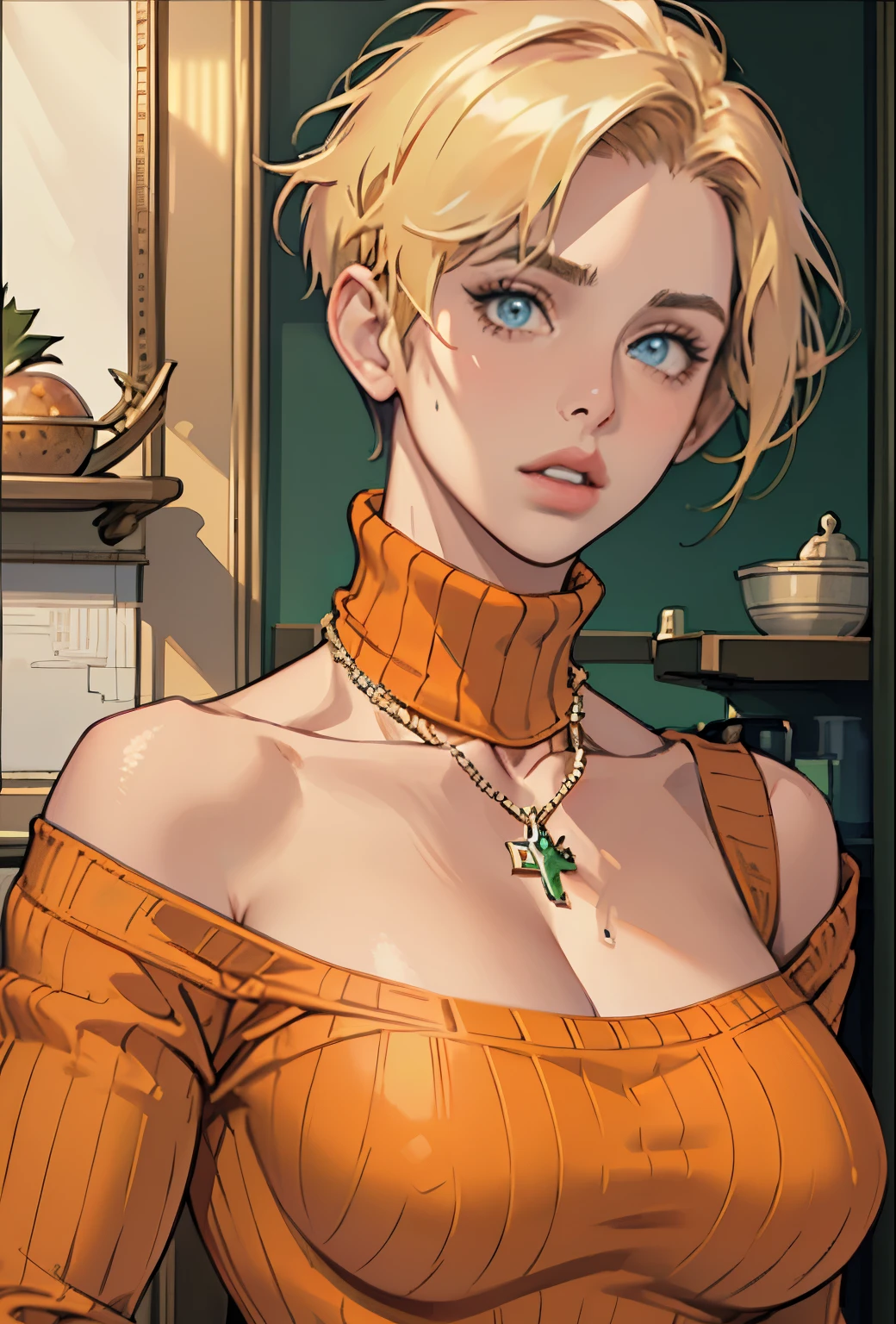 (masterpiece, Highest quality) One girl, Ashley Graham RE, alone, chest, View your viewers, short hair, blue eyes, shirt, Bare shoulders, jewelry, medium chest, Green Eyes, Upper Body, Blonde, parted lips, No sleeve, necklace, sweater, lips, turtleneck, Bobcut, ribbed sweater, Realistic, nose, No sleeve turtleneck, orange shirt, orange sweater 