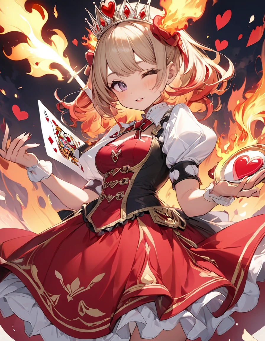 BREAK Perfect Anatomy、(High resolution:1.2)、Incredible illustrations、(Cute illustrations:1.2)、（Beautiful background）The Queen of Hearts strikes with her flaming right palm.