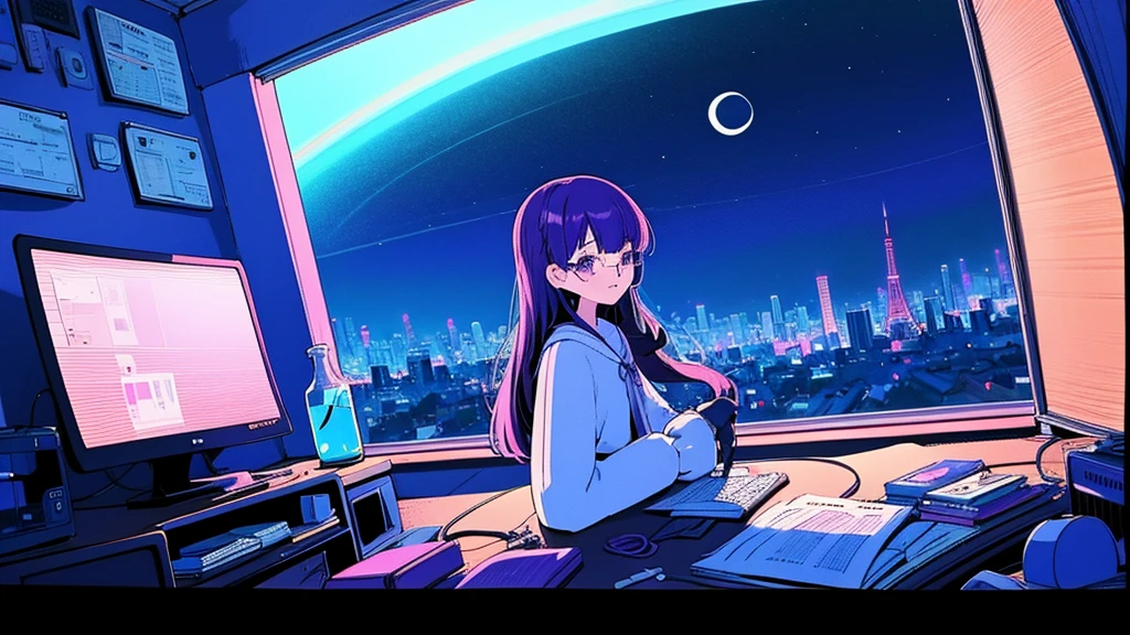 (from behind), Anime girl sitting in front of a computer in a cozy bedroom, Girl listening to music while studying in a cozy room (night), Using headphones, on the roof, (beautiful night views from windows), lots of things, 2D anime style, The aesthetics of anime in the 90s, lo-fi, long hair, very detailed, Hard disk, A mix of anime style and Fujifilm, surreal, 8K, masterpiece, violet eyes,black gloves, round glasses, long sleeves,violet hair, round glasses, Flat Chest, smile, pantyhose