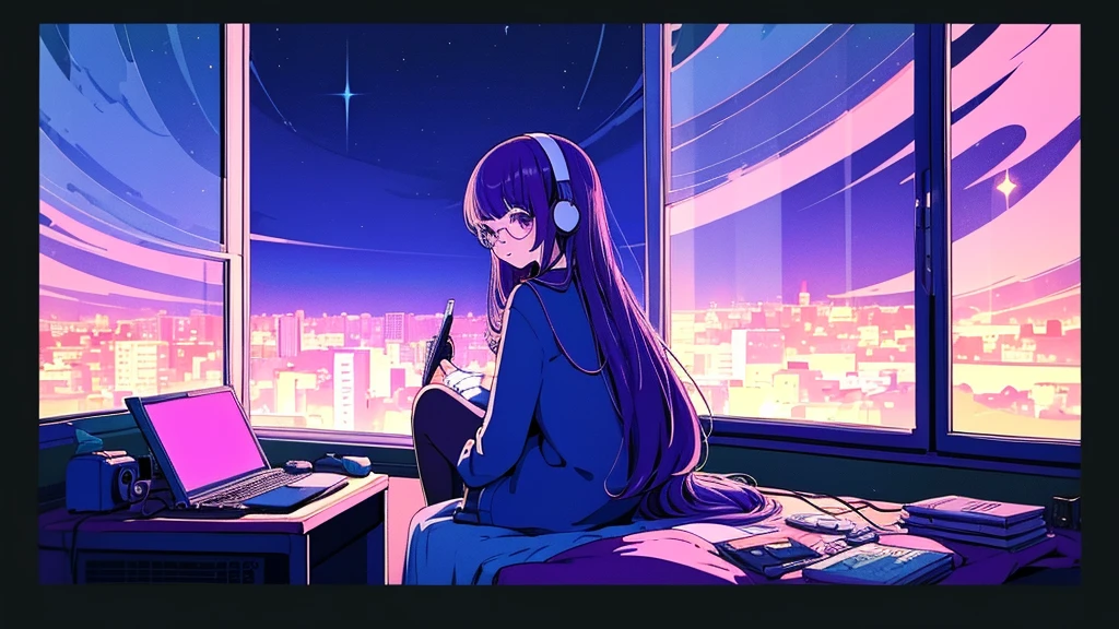 (from behind), Anime girl sitting in front of a computer in a cozy bedroom, Girl listening to music while studying in a cozy room (night), Using headphones, on the roof, (beautiful night views from windows), lots of things, 2D anime style, The aesthetics of anime in the 90s, lo-fi, long hair, very detailed, Hard disk, A mix of anime style and Fujifilm, surreal, 8K, masterpiece, violet eyes,black gloves, round glasses, long sleeves,violet hair, round glasses, Flat Chest, smile, pantyhose