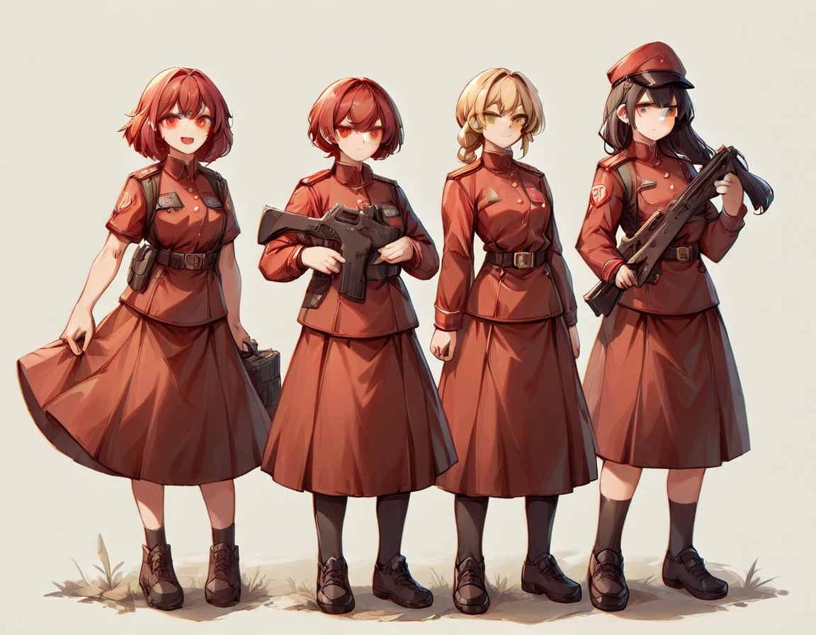 A platoon of girls wearing bright red military uniforms and long red skirts、A girl platoon leader wearing a red military uniform and a red long skirt and equipped with an anti-material rifle、Three girls in red uniforms and red long skirts, equipped with assault rifles、