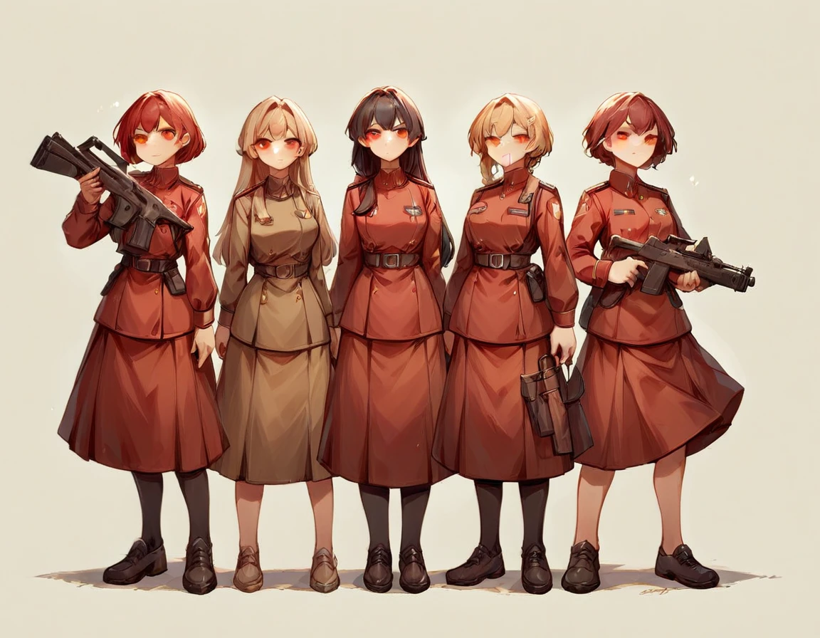 A platoon of girls wearing bright red military uniforms and long red skirts、A girl platoon leader wearing a red military uniform and a red long skirt and equipped with an anti-material rifle、Three girls in red uniforms and red long skirts, equipped with assault rifles、