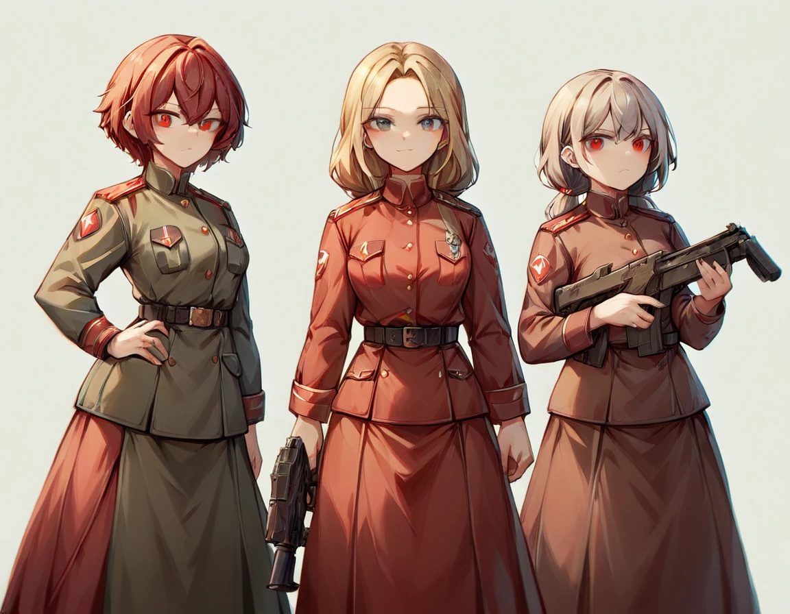 A platoon of girls wearing bright red military uniforms and long red skirts、A girl platoon leader wearing a red military uniform and a red long skirt and equipped with an anti-material rifle、Three girls in red uniforms and red long skirts, equipped with assault rifles、