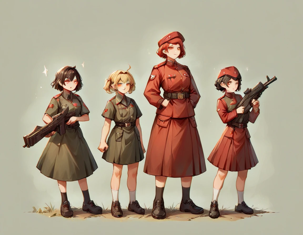 A platoon of girls wearing bright red military uniforms and long red skirts、A girl platoon leader wearing a red military uniform and a red long skirt and equipped with an anti-material rifle、Three girls in red uniforms and red long skirts, equipped with assault rifles、