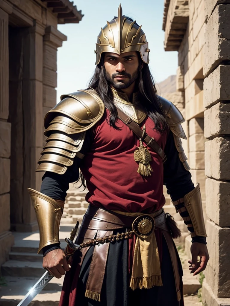 A brown man, long hair, ancient Numidian warrior, wearing a helmet and armor, he holds his sword. We only see his upper body