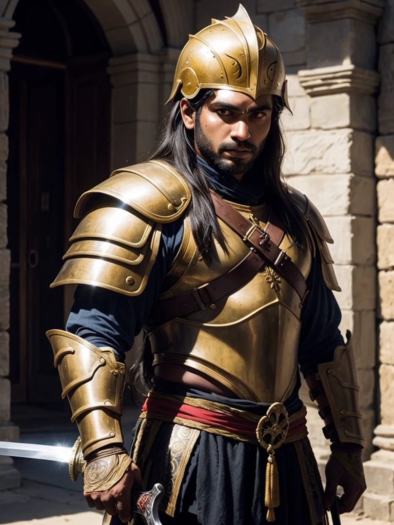 A brown man, long hair, ancient Numidian warrior, wearing a helmet and armor, he holds his sword. We only see his upper body