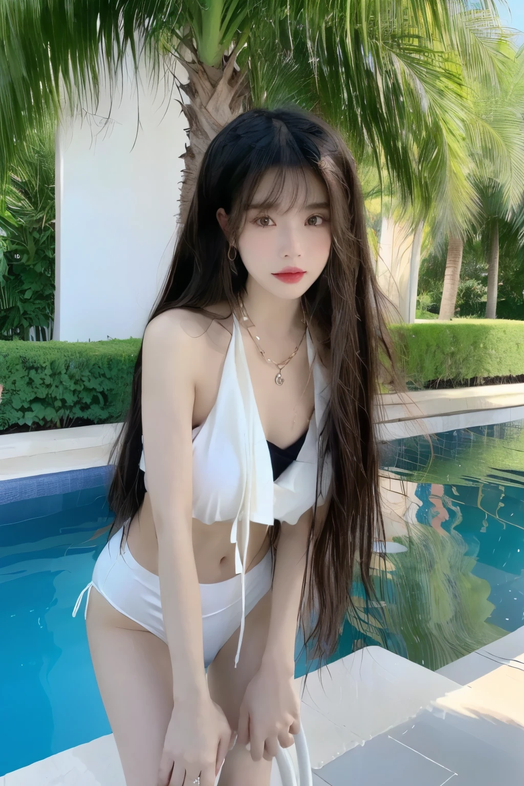 Beautiful woman with perfect body:1.4,Layered Hairstyle,Highly detailed face and skin textures,Double eyelids,Skin Whitening,Long hair,Whitened long legs,(Black swimsuit,necklace),Standing by the pool,Half-length photo